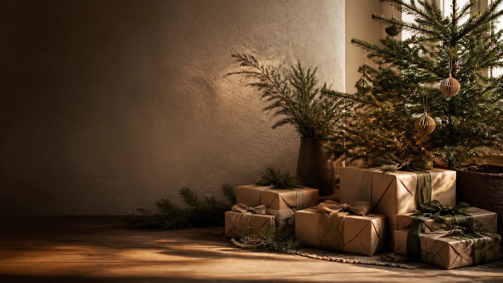 Naturally wrapped gifts beside a Christmas tree in warm light