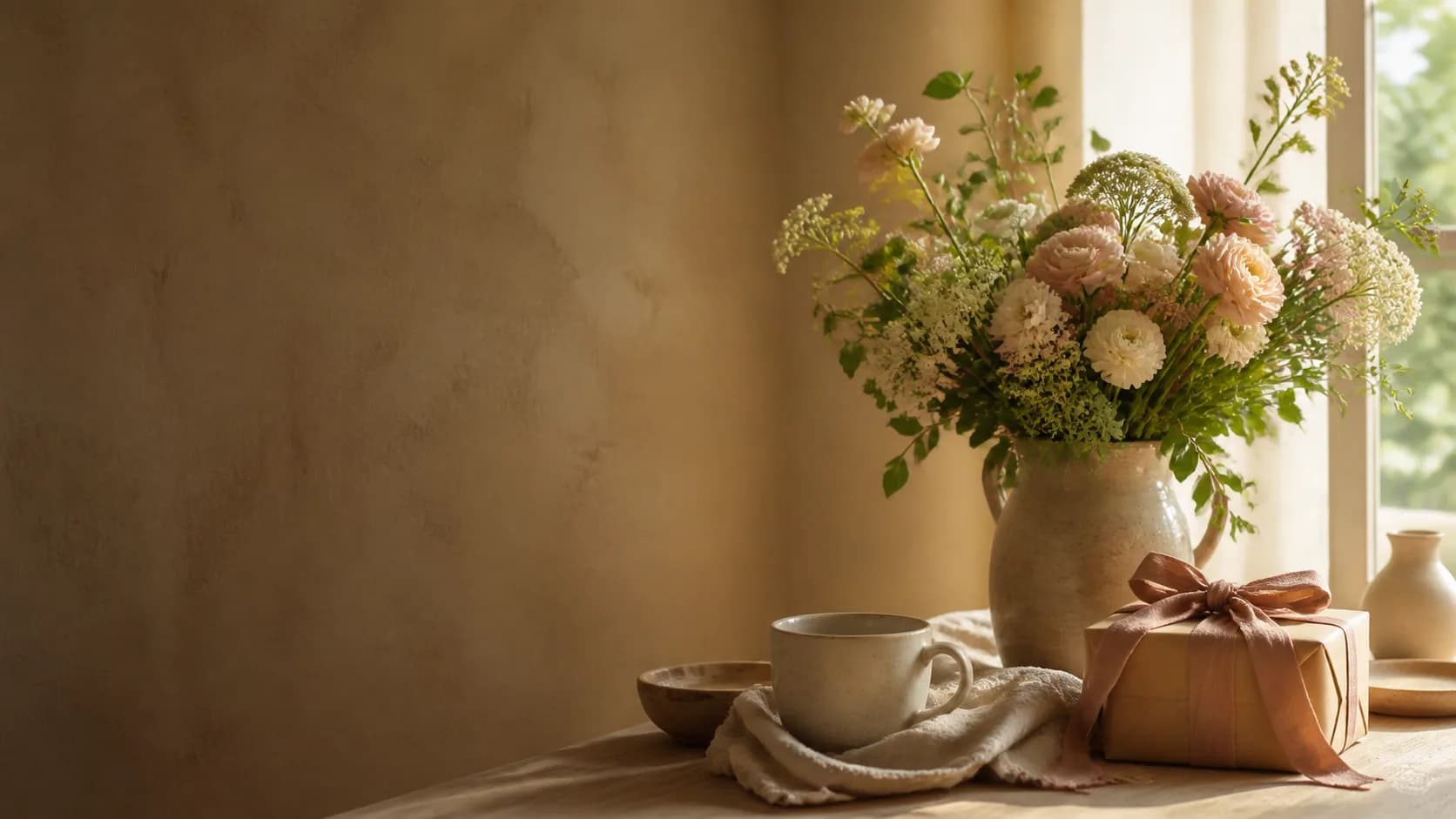 Verpacktes Geschenk mit Frühlingsblumen und einer Keramiktasse