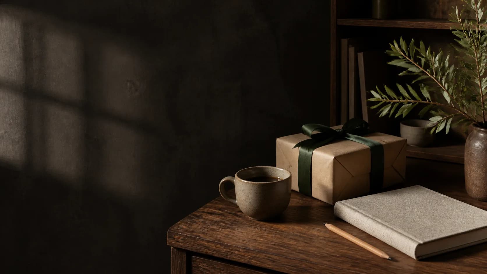 Verpacktes Geschenk mit Kaffee und Notizbuch auf einem dunklen Holztisch