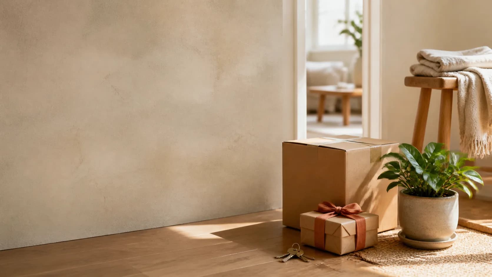 Verpacktes Einzugsgeschenk mit Umzugskarton, Schlüsseln und Zimmerpflanze