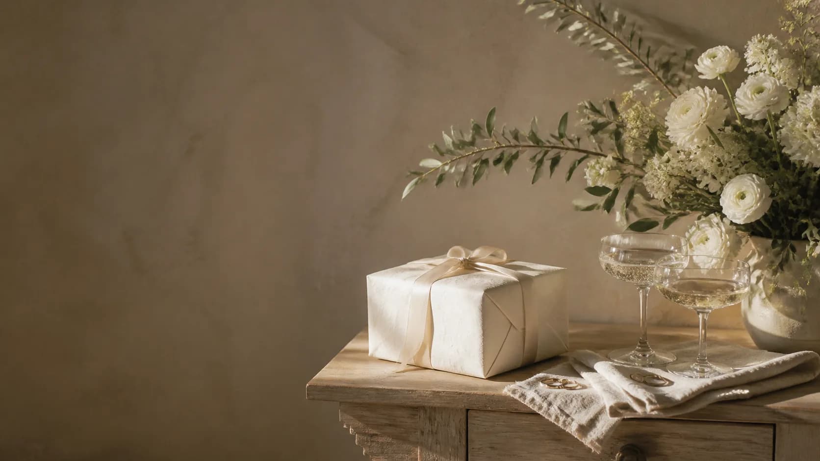 Hell verpacktes Hochzeitsgeschenk mit Blumen, Gläsern und Ringen
