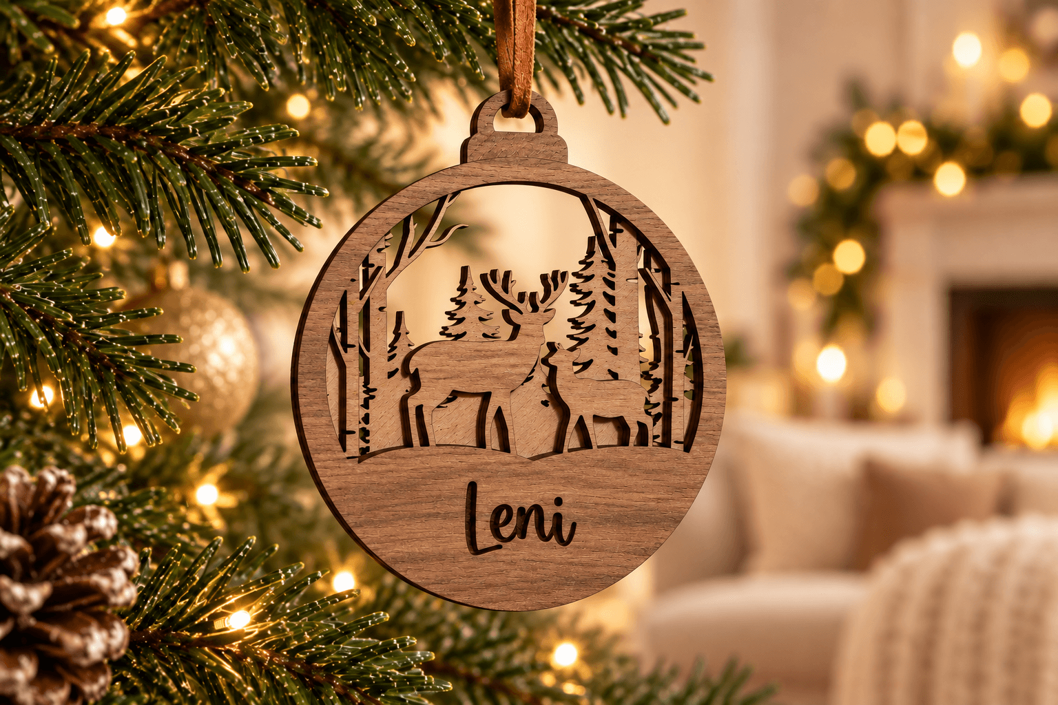Personalised walnut Christmas bauble, deer design, engraved with Leni.