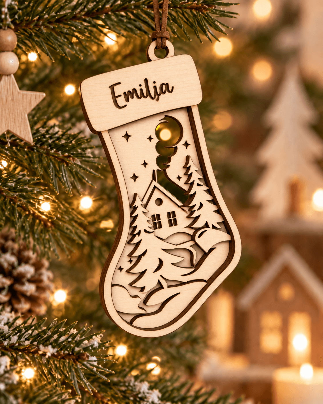 Personalised wooden Christmas stocking on a Christmas tree – house design, example engraving: Emilia.