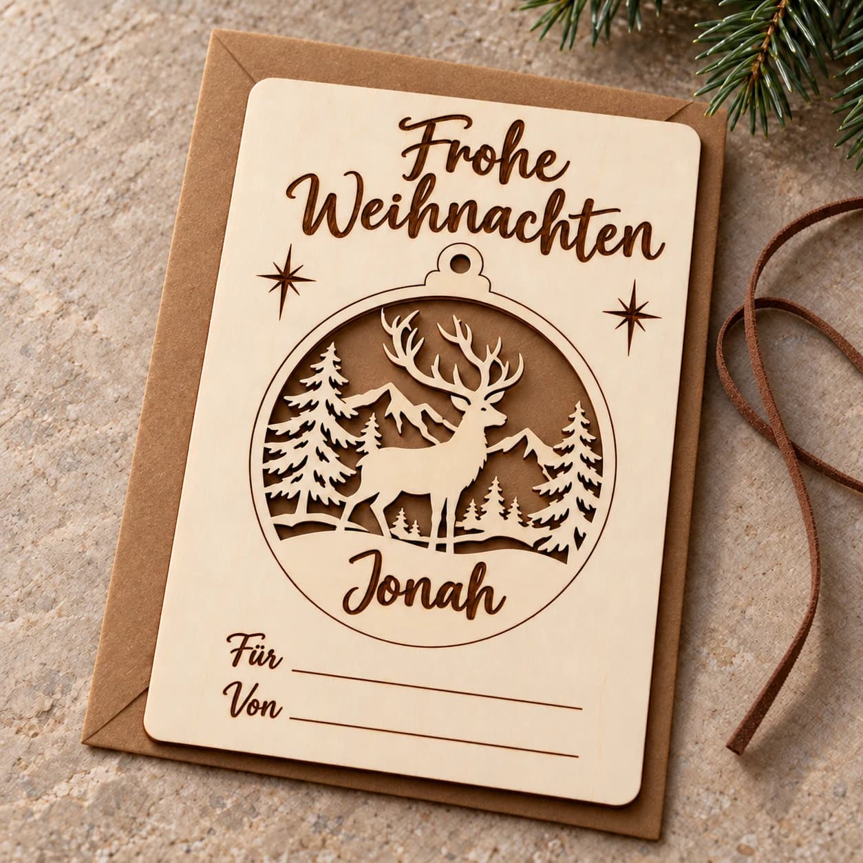 Wooden Christmas card with removable bauble
