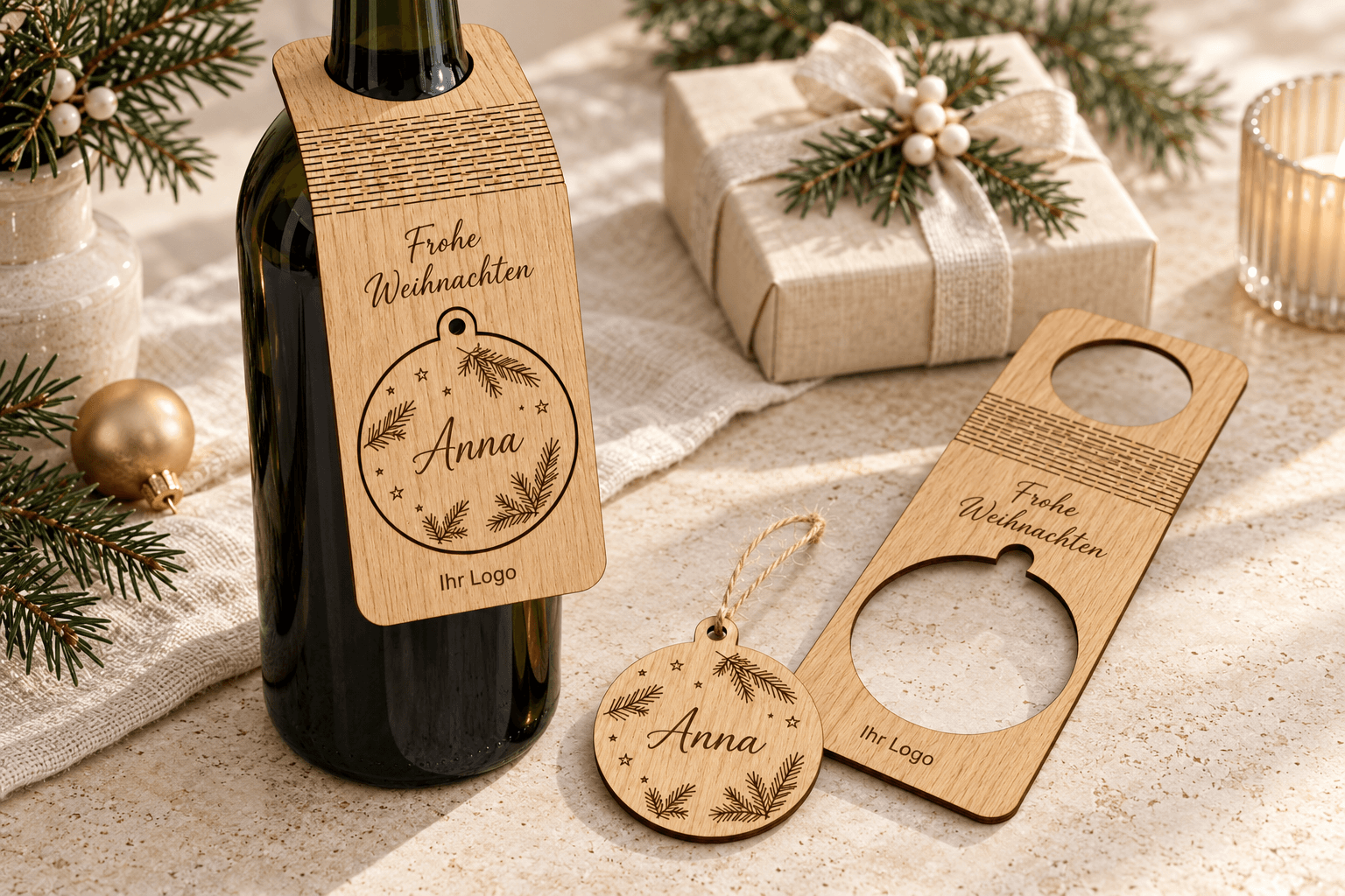 Oak bottle hanger with Christmas ornament for businesses