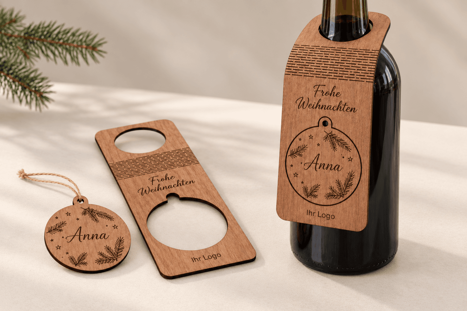 Walnut bottle hanger with Christmas ornament for businesses