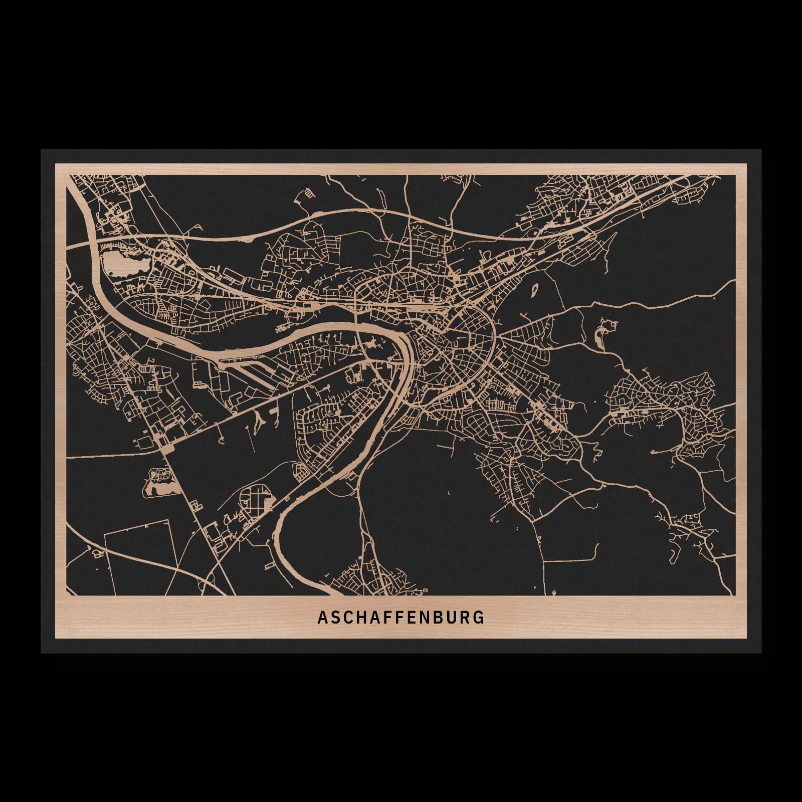 Aschaffenburg – Schlossstadt und Parklandschaft, 50 × 35 cm. Rechteckiger Stadtplan aus Holz, gefertigt aus geöltem Buchenholz – zwei Schichten mit schwarzer Rückenplatte.