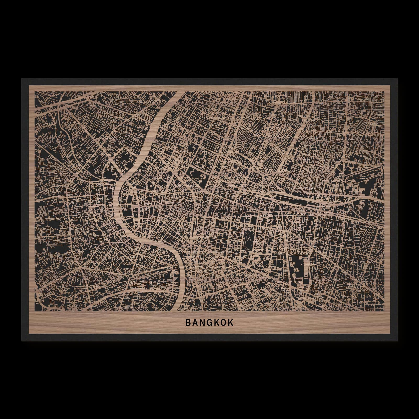 Bangkok – Stadtüberblick, 50 × 35 cm. Rechteckiger Stadtplan aus Holz, gefertigt aus geöltem Nussbaumholz – zwei Schichten mit schwarzer Rückenplatte.