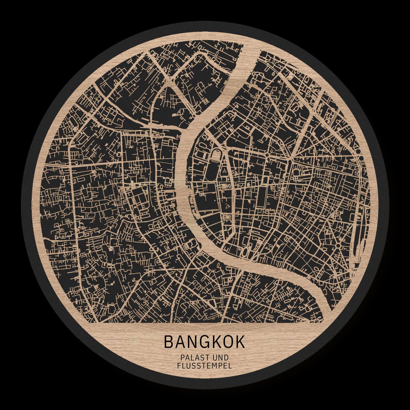 Bangkok – Palast und Flusstempel, 35 × 35 cm. Runder Stadtplan aus Holz, gefertigt aus geöltem Eichenholz – zwei Schichten mit schwarzer Rückenplatte.