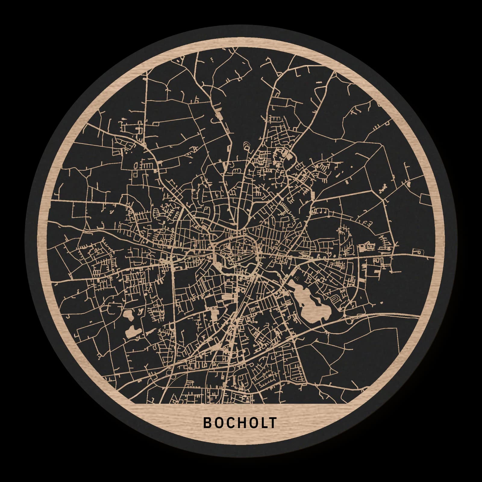 Bocholt – Textilerbe und grüne Wohnstadt, 35 × 35 cm. Runder Stadtplan aus Holz, gefertigt aus geöltem Eichenholz – zwei Schichten mit schwarzer Rückenplatte.