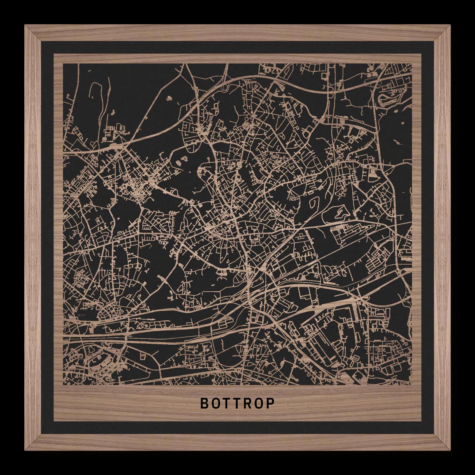 Bottrop – Museumsquartier, Halde und südliche Stadtteile, 35 × 35 cm. Quadratischer Stadtplan aus Holz, gefertigt aus geöltem Nussbaumholz – zwei Schichten mit schwarzer Rückenplatte und Rahmen.