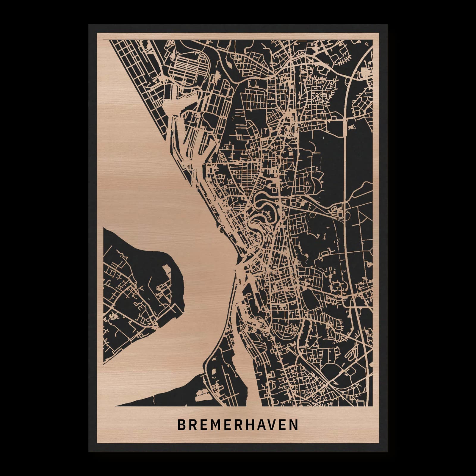 Bremerhaven – Hafenstadt zwischen Fischereihafen und Speckenbüttel, 35 × 50 cm. Rechteckiger Stadtplan aus Holz, gefertigt aus geöltem Buchenholz – zwei Schichten mit schwarzer Rückenplatte.