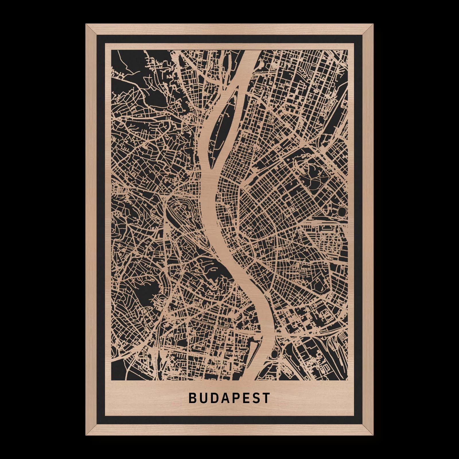 Budapest – Donau und die beiden Stadtufer, 35 × 50 cm. Rechteckiger Stadtplan aus Holz, gefertigt aus geöltem Buchenholz – zwei Schichten mit schwarzer Rückenplatte und Rahmen.