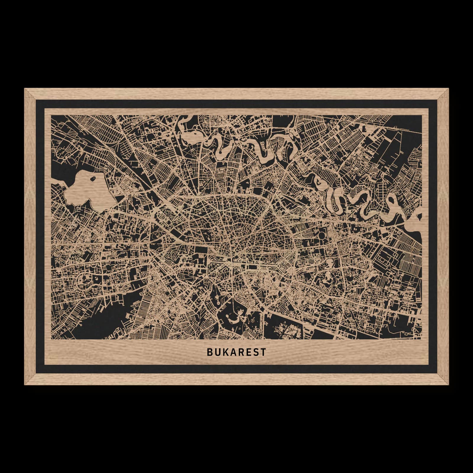 Bukarest – Boulevards, Altstadt und grüne Räume, 50 × 35 cm. Rechteckiger Stadtplan aus Holz, gefertigt aus geöltem Eichenholz – zwei Schichten mit schwarzer Rückenplatte und Rahmen.