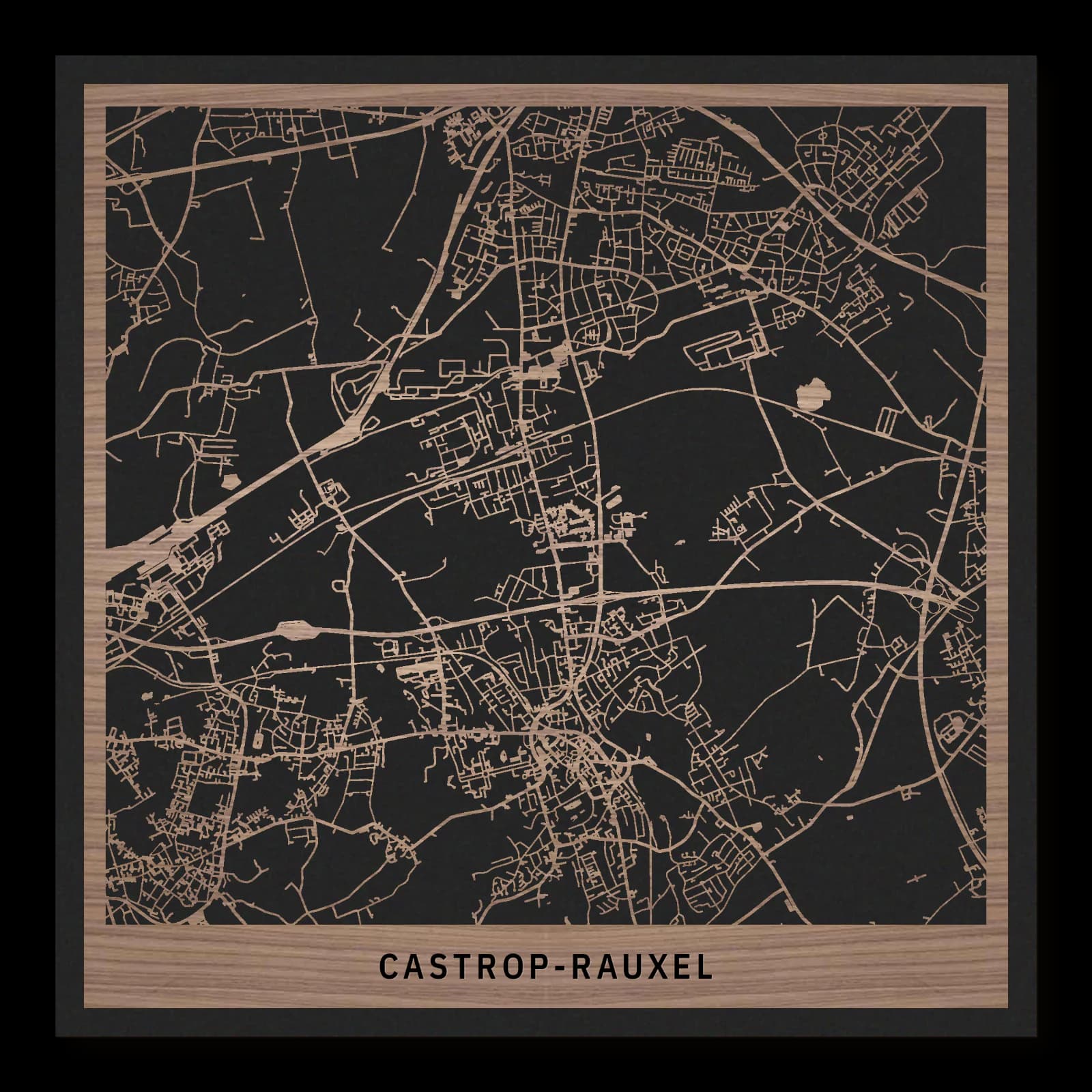 Castrop-Rauxel – Colliery landscapes and districts, 35 × 35 cm. Square wooden city map made from oiled walnut – two layers with a black back plate.