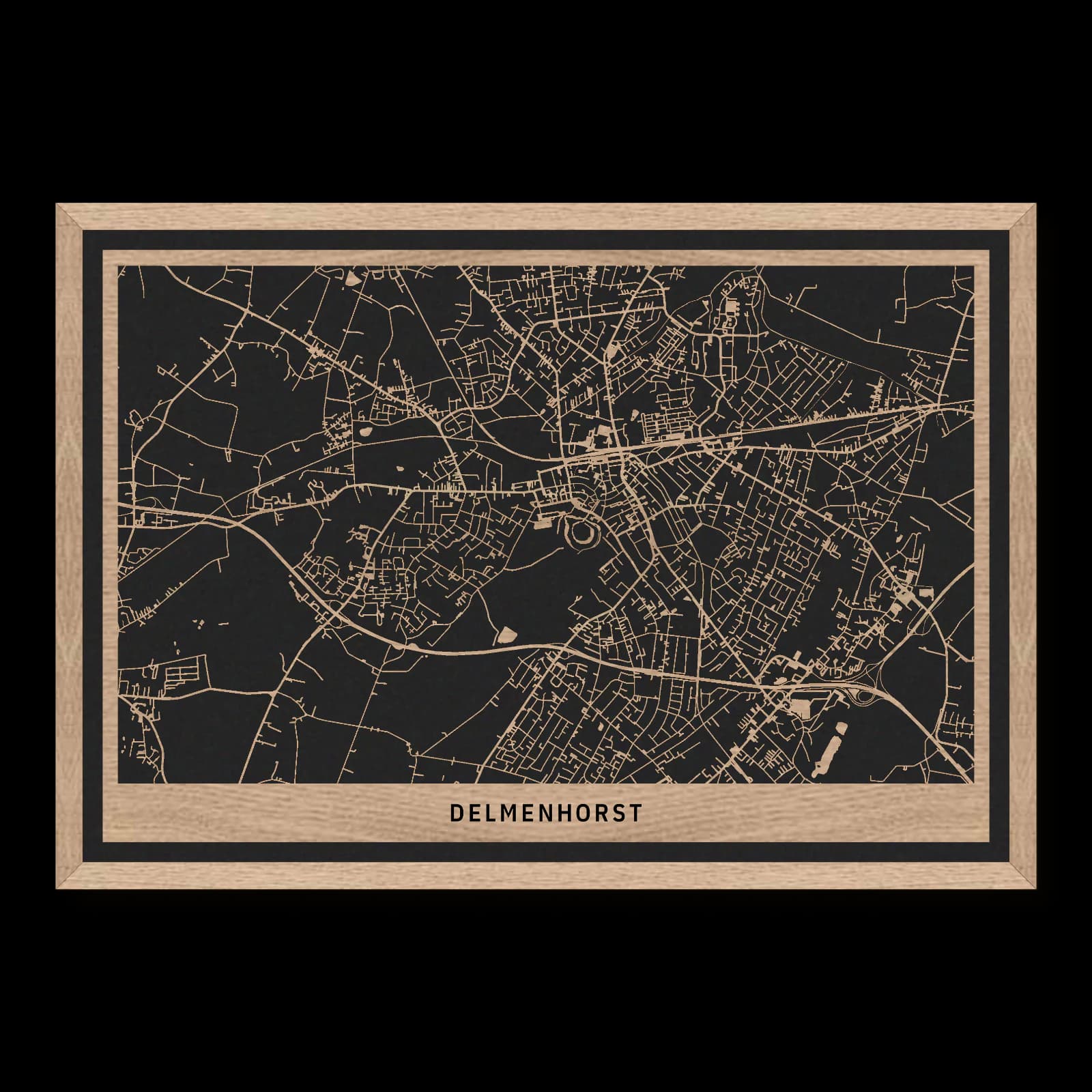 Delmenhorst – Industriegeschichte und grüne Mitte, 50 × 35 cm. Rechteckiger Stadtplan aus Holz, gefertigt aus geöltem Eichenholz – zwei Schichten mit schwarzer Rückenplatte und Rahmen.