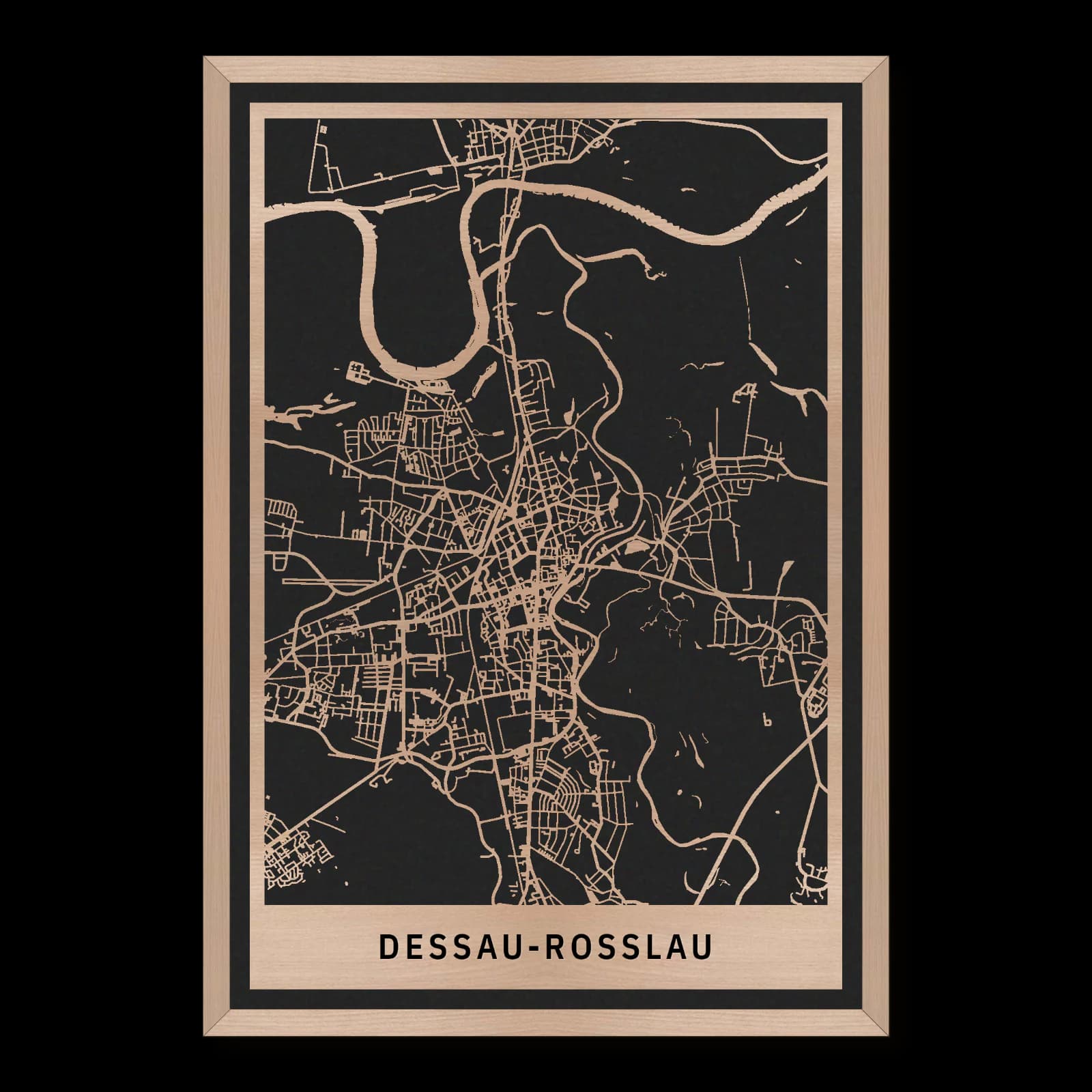 Dessau-Roßlau – Moderne und Gartenstadtlandschaft, 35 × 50 cm. Rechteckiger Stadtplan aus Holz, gefertigt aus geöltem Buchenholz – zwei Schichten mit schwarzer Rückenplatte und Rahmen.