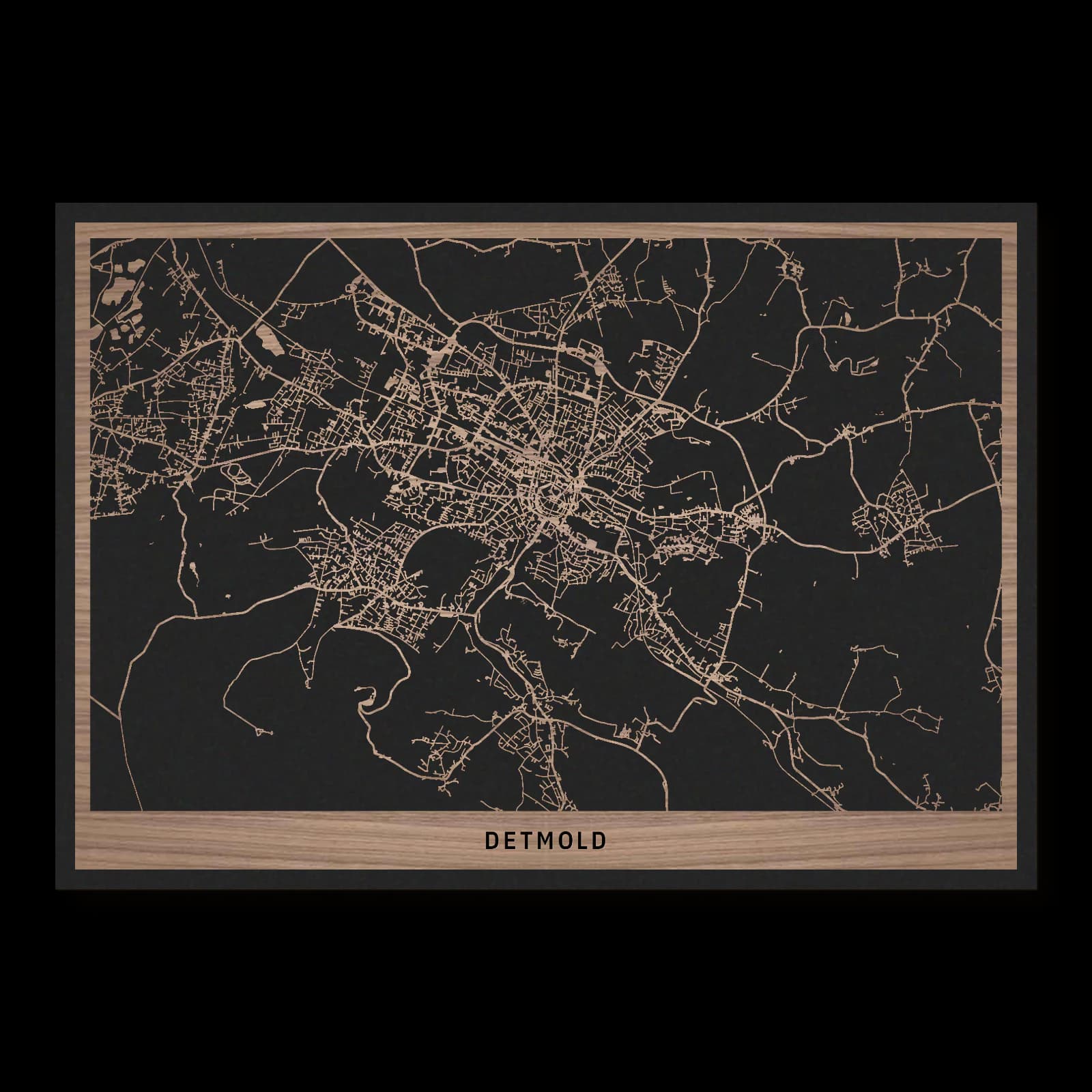 Detmold – Residence and Lippe townscape, 50 × 35 cm. Rectangular wooden city map made from oiled walnut – two layers with a black back plate.