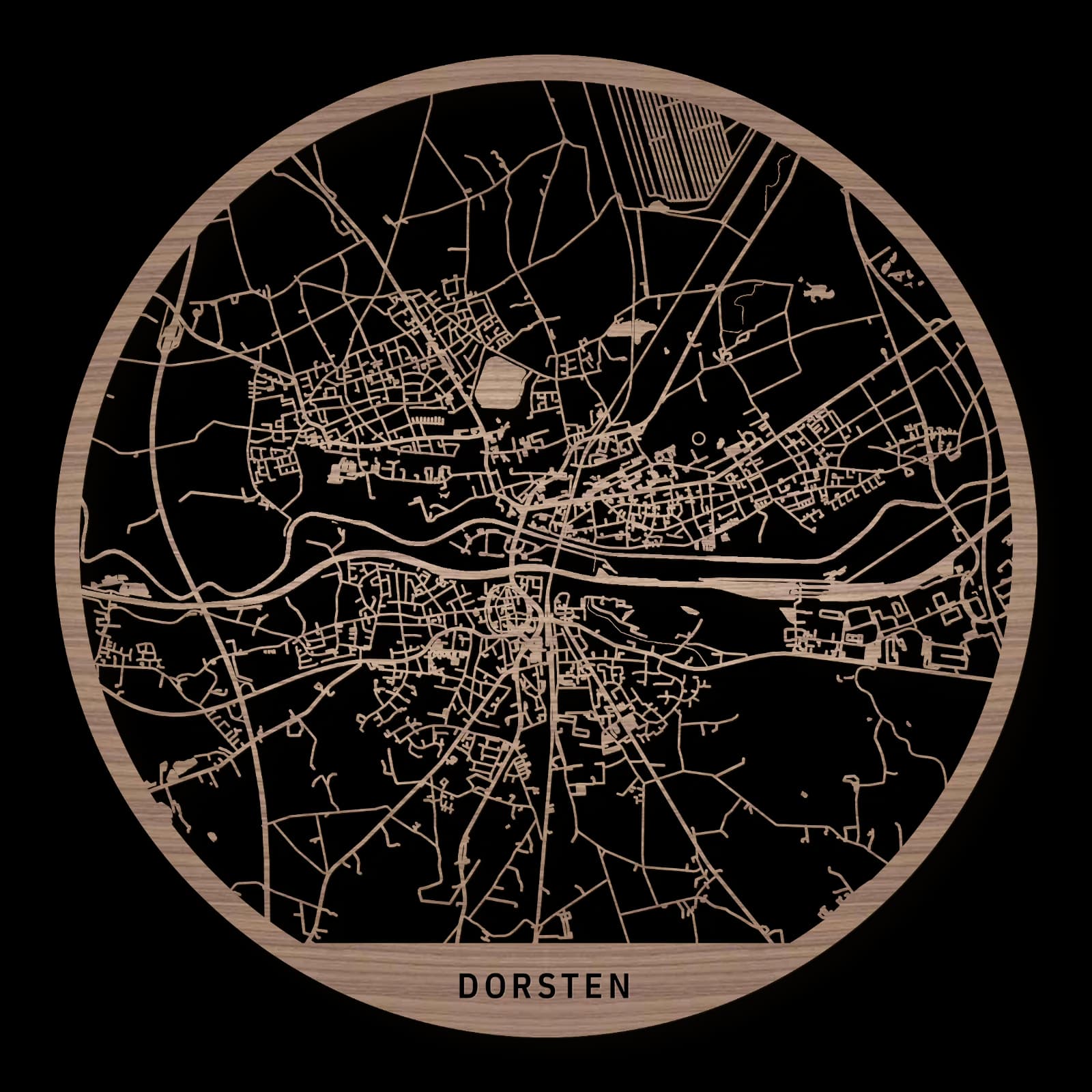 Dorsten – Old town and mining neighbourhoods, 35 × 35 cm. Round wooden city map made from oiled walnut.
