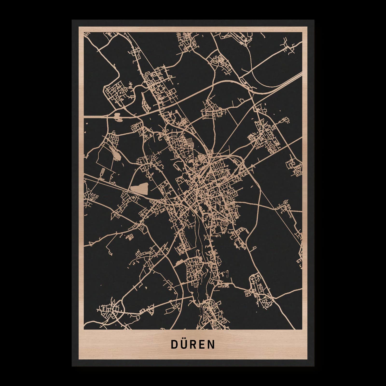 Düren – City Overview, 35 × 50 cm. Rectangular wooden city map made from oiled beech – two layers with a black back plate.