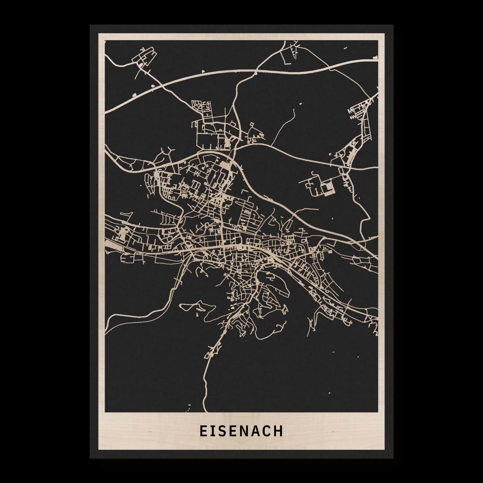 Eisenach, Stadtüberblick: hochformatiger Stadtplan aus geöltem Ahornholz, 35 × 50 cm