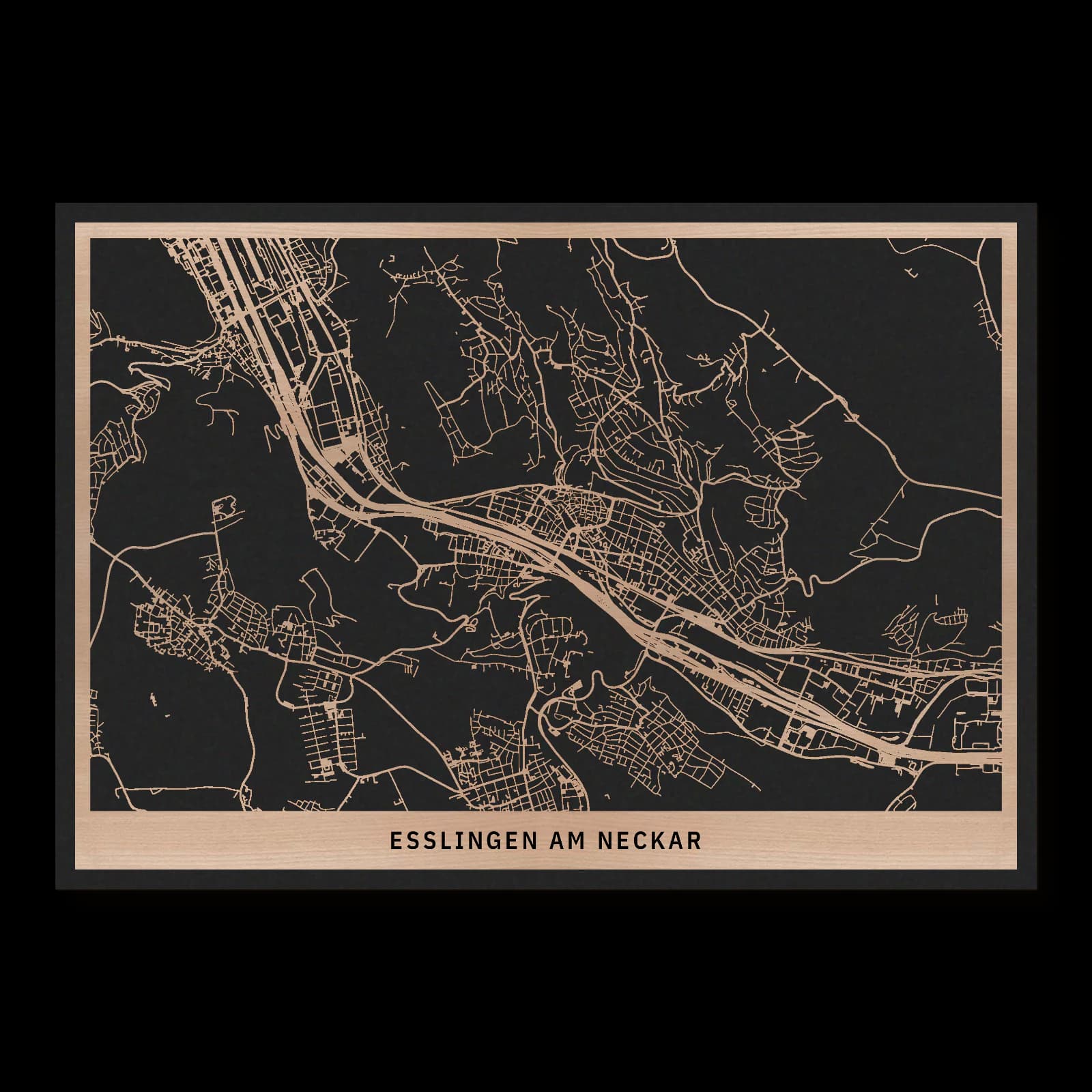 Esslingen am Neckar – Neckarstadt von Mettingen bis Oberesslingen, 50 × 35 cm. Rechteckiger Stadtplan aus Holz, gefertigt aus geöltem Buchenholz – zwei Schichten mit schwarzer Rückenplatte.