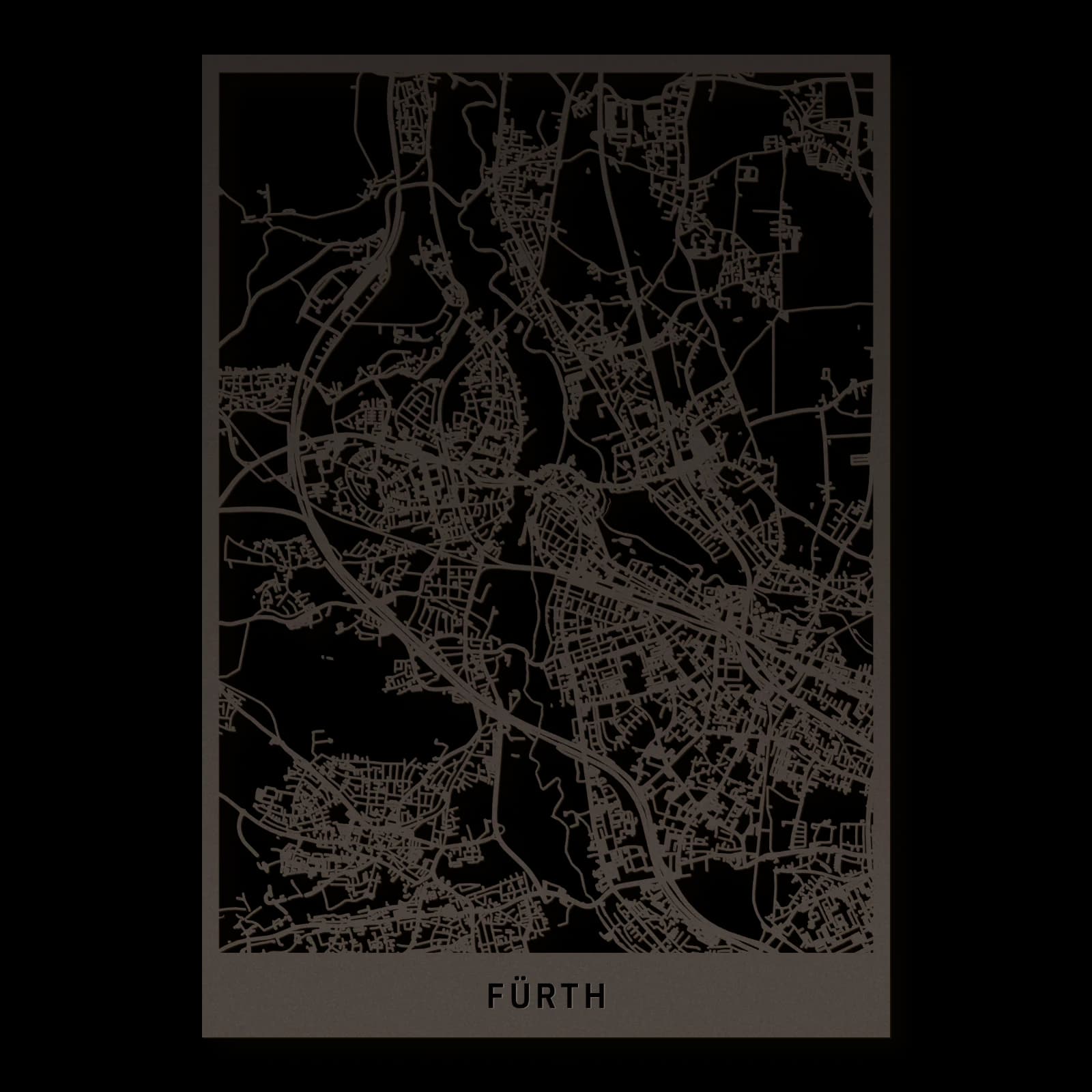 Fürth – Rathaus, Flusstäler und südliche Quartiere, 35 × 50 cm. Rechteckiger Stadtplan aus Holz, gefertigt aus schwarz lackiertem MDF.