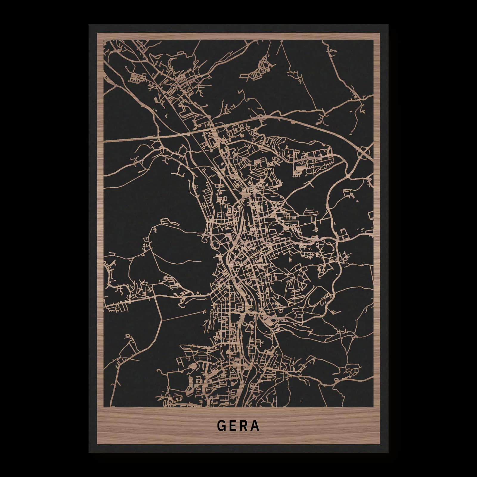 Gera – City Overview, 35 × 50 cm. Rectangular wooden city map made from oiled walnut – two layers with a black back plate.