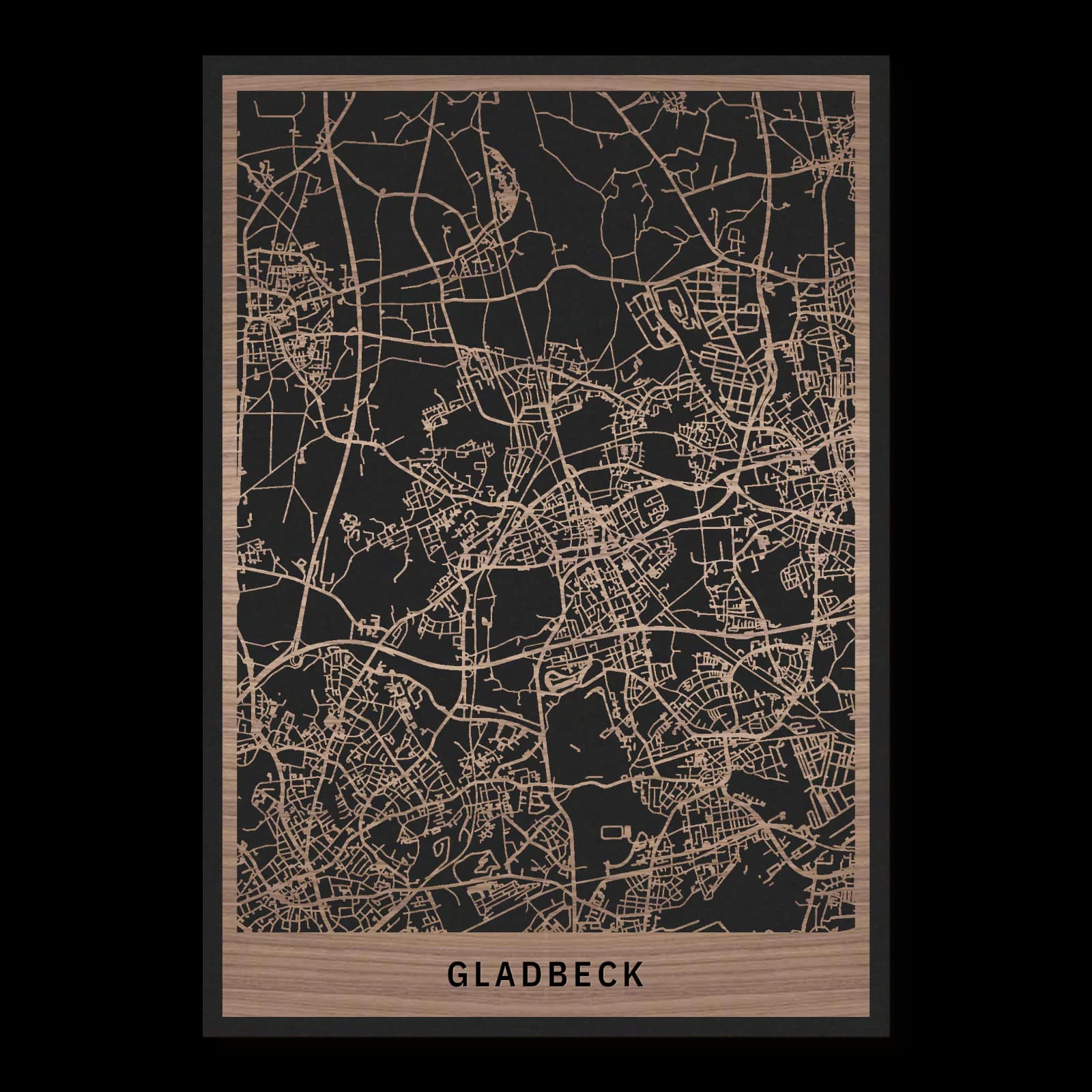 Gladbeck – Mining heritage and green spaces, 35 × 50 cm. Rectangular wooden city map made from oiled walnut – two layers with a black back plate.