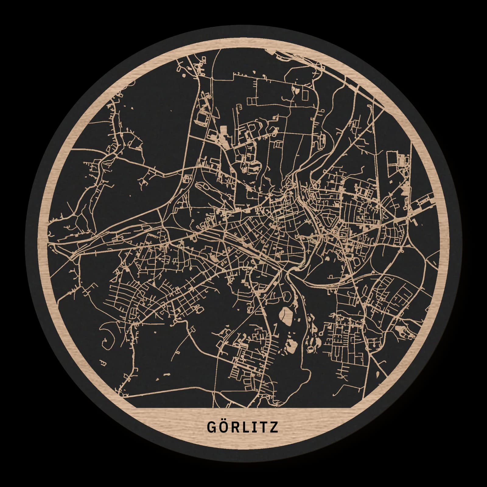 Görlitz, Stadtüberblick: runder Stadtplan aus geöltem Eichenholz in Ø 35 cm