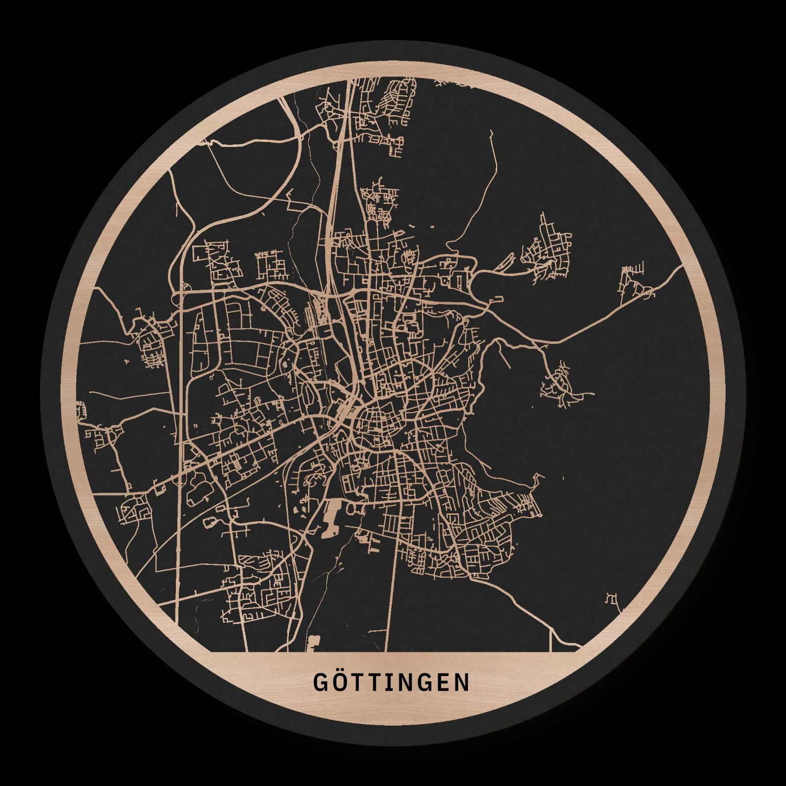 Göttingen – Universitätsstadt und grüne Forschungsorte, 35 × 35 cm. Runder Stadtplan aus Holz, gefertigt aus geöltem Buchenholz – zwei Schichten mit schwarzer Rückenplatte.