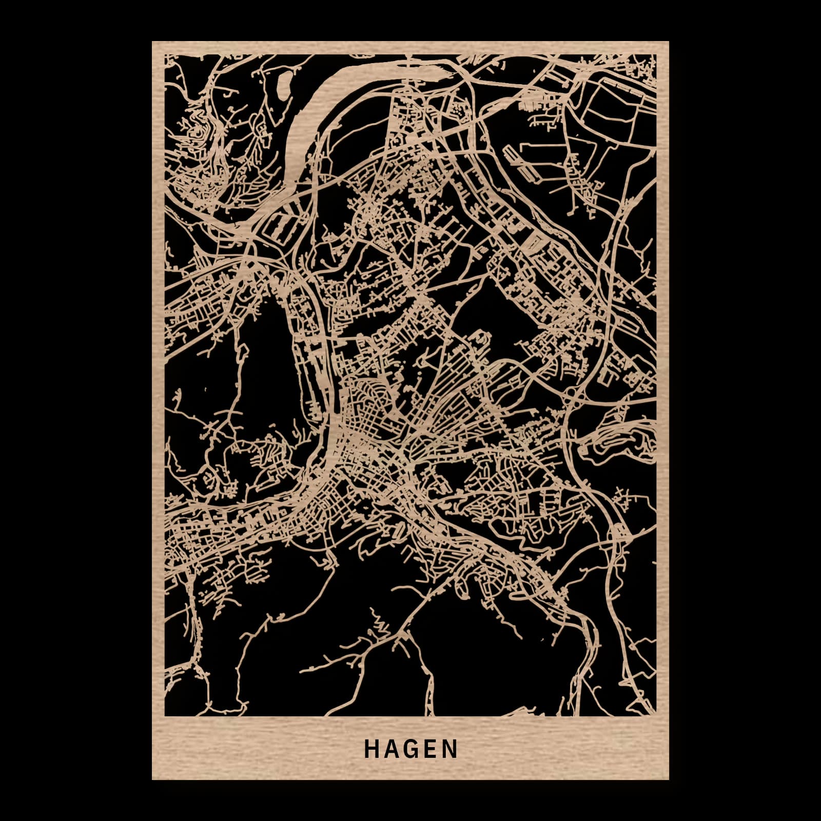Hagen – Volmetal und bewaldete Höhen, 35 × 50 cm. Rechteckiger Stadtplan aus Holz, gefertigt aus geöltem Eichenholz.