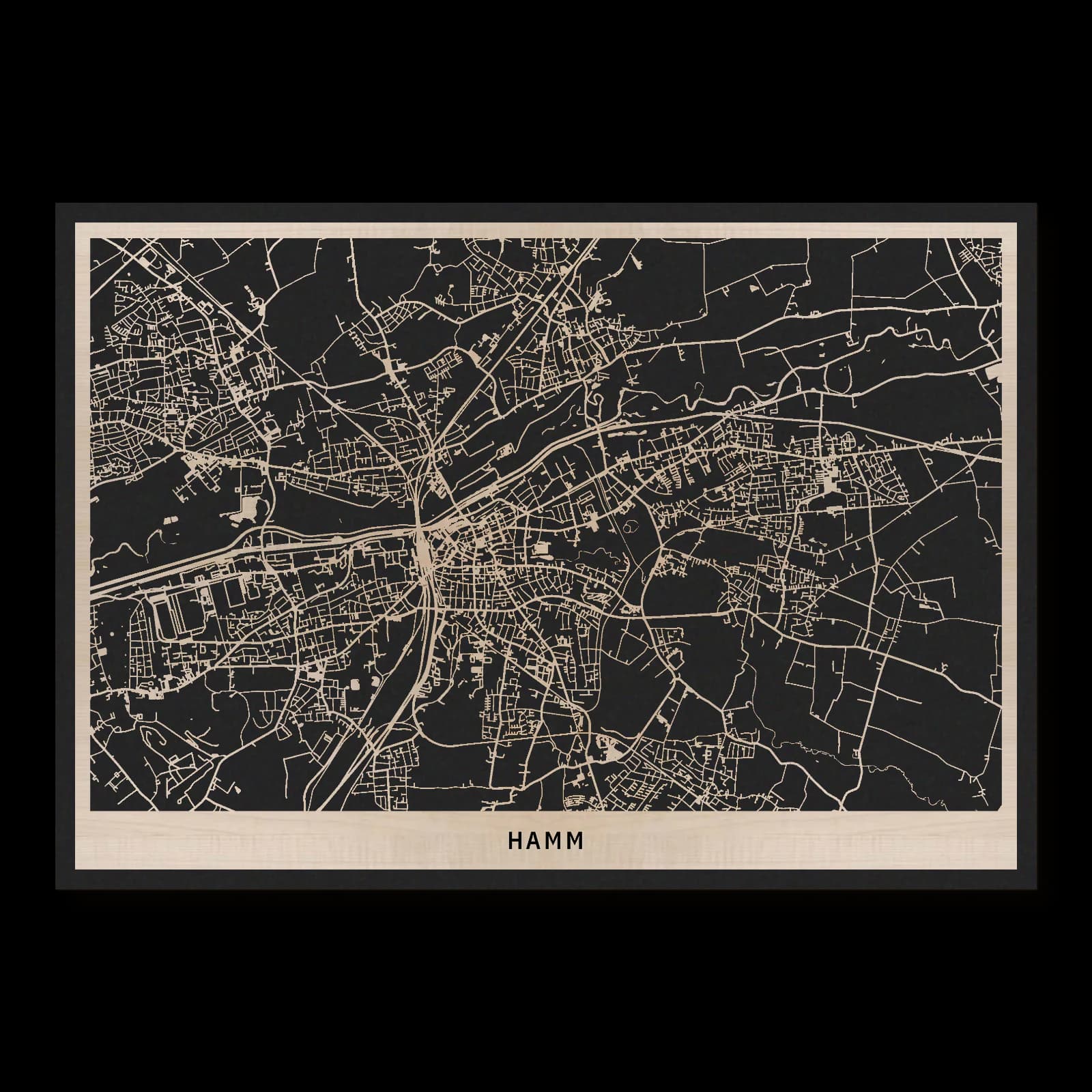 Hamm – Lippeaue bis Maximilianpark, 50 × 35 cm. Rechteckiger Stadtplan aus Holz, gefertigt aus geöltem Ahornholz – zwei Schichten mit schwarzer Rückenplatte.