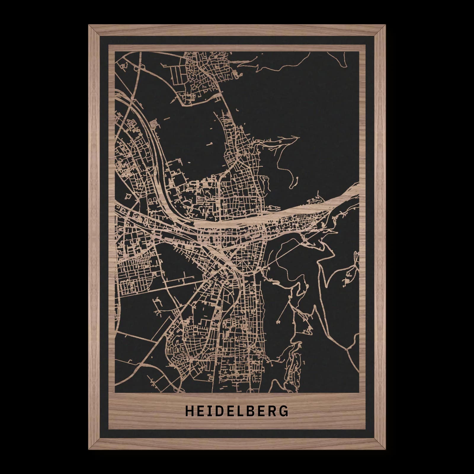 Heidelberg, Stadtüberblick: rechteckiger Stadtplan aus geöltem Nussbaumholz in 35 × 50 cm