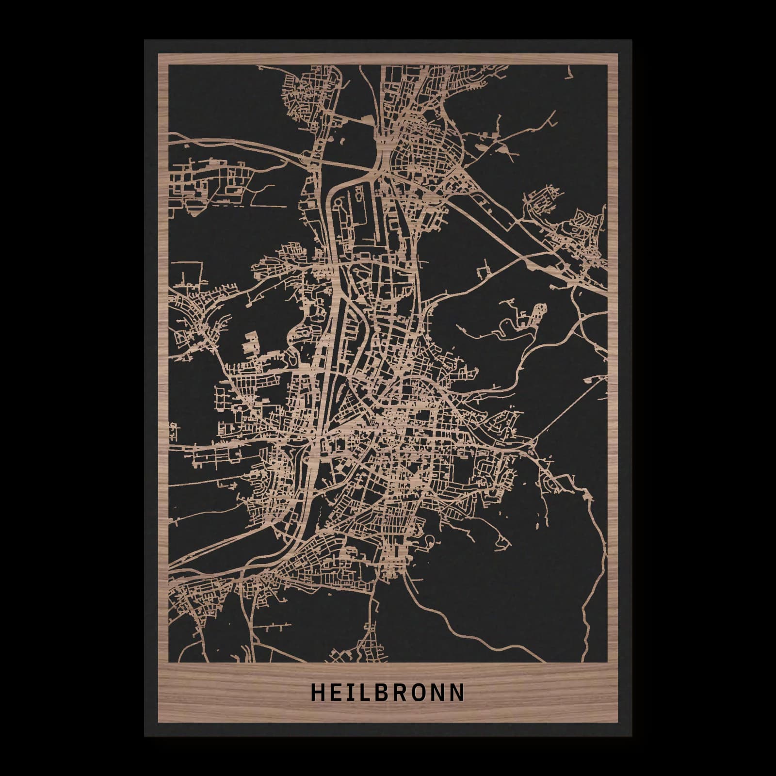 Heilbronn – Neckar, Stadtgärten und östliche Kulturorte, 35 × 50 cm. Rechteckiger Stadtplan aus Holz, gefertigt aus geöltem Nussbaumholz – zwei Schichten mit schwarzer Rückenplatte.