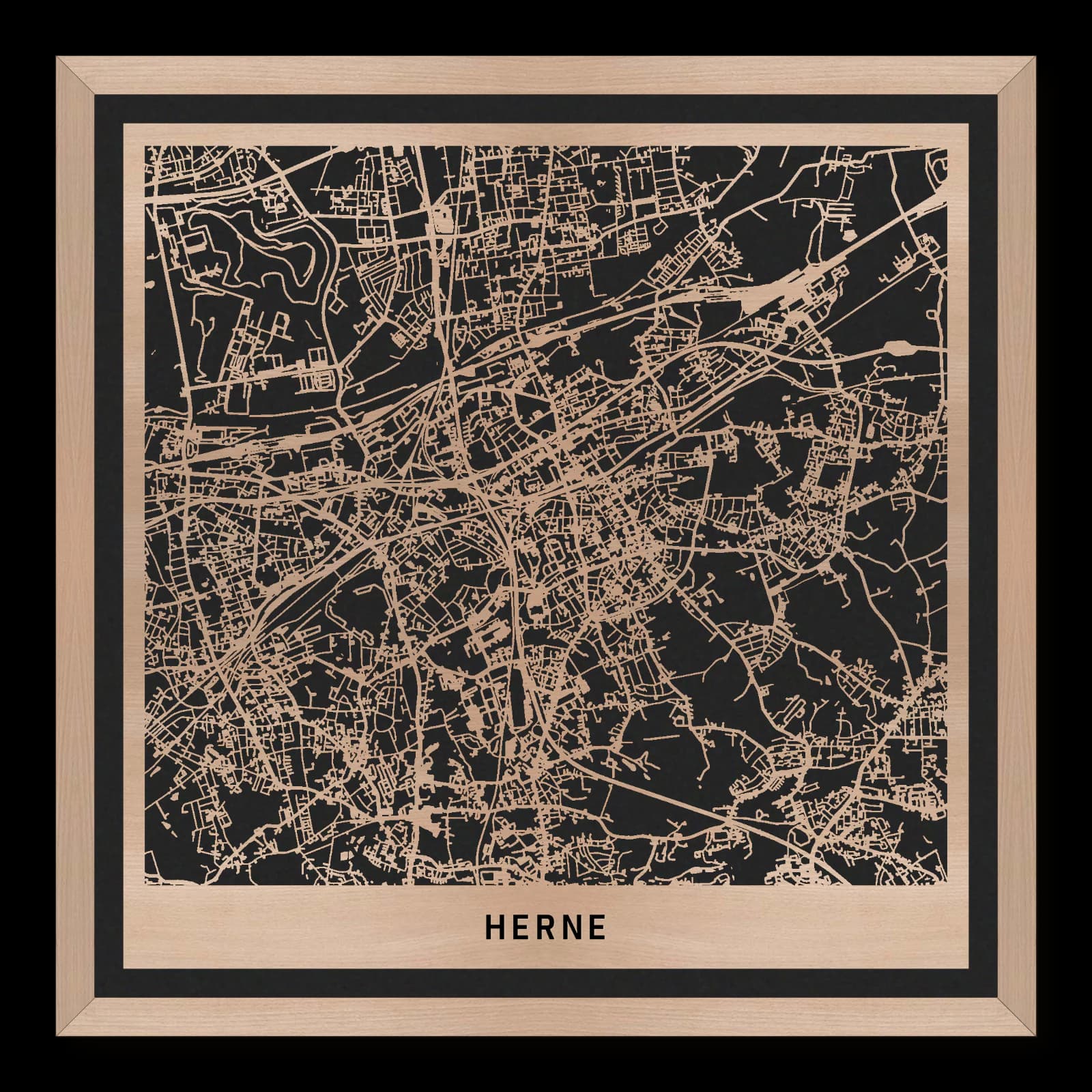 Herne – Wanne, Strünkede und Kulturorte, 35 × 35 cm. Quadratischer Stadtplan aus Holz, gefertigt aus geöltem Buchenholz – zwei Schichten mit schwarzer Rückenplatte und Rahmen.