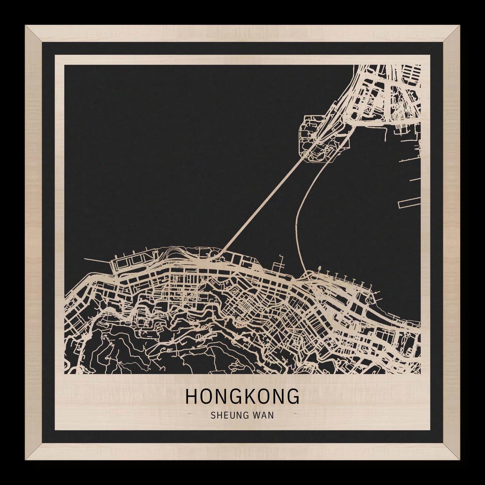 Hongkong – Sheung Wan, 35 × 35 cm. Quadratischer Stadtplan aus Holz, gefertigt aus geöltem Ahornholz – zwei Schichten mit schwarzer Rückenplatte und Rahmen.