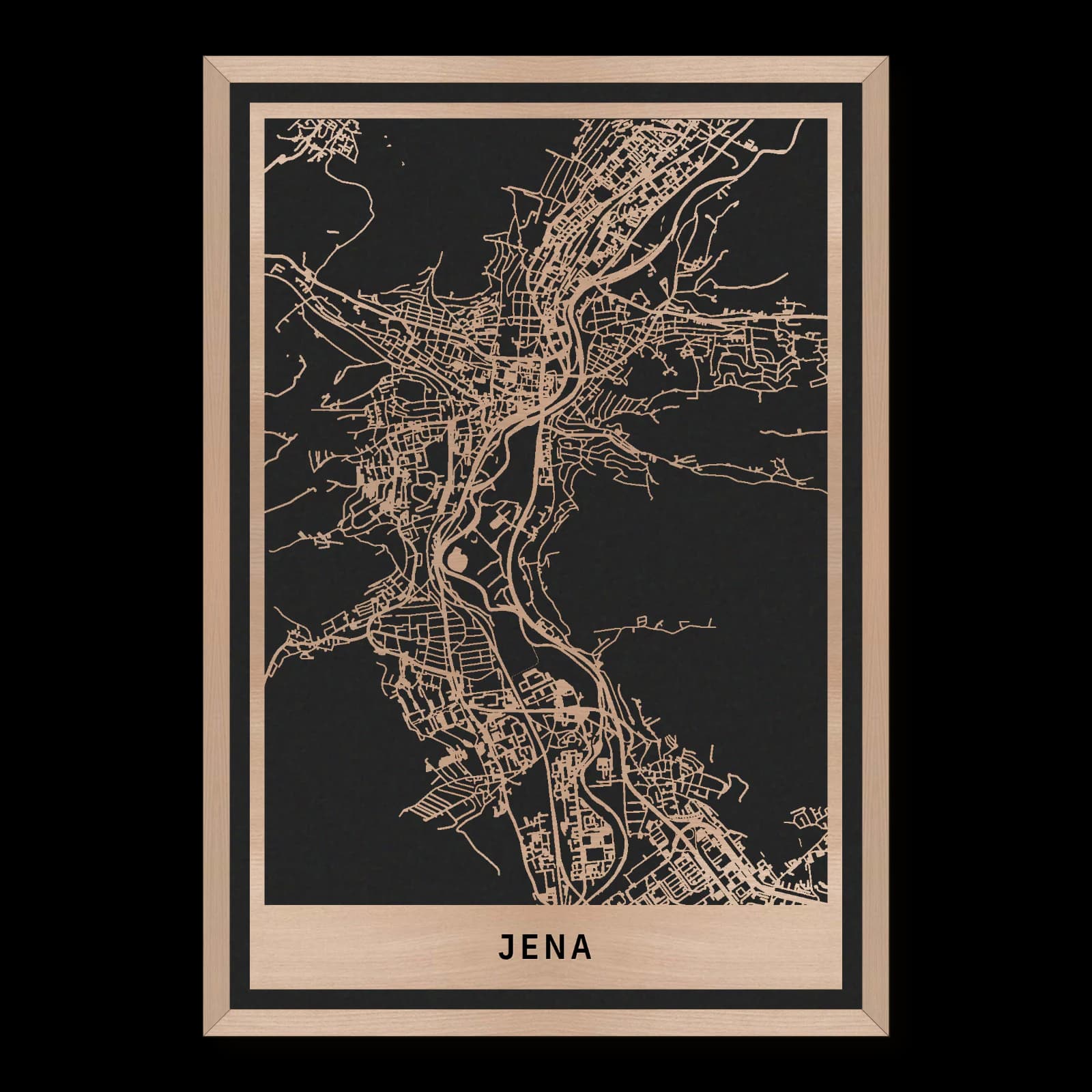 Jena – Universitätsstadt von der Mitte bis zur Lobdeburg, 35 × 50 cm. Rechteckiger Stadtplan aus Holz, gefertigt aus geöltem Buchenholz – zwei Schichten mit schwarzer Rückenplatte und Rahmen.
