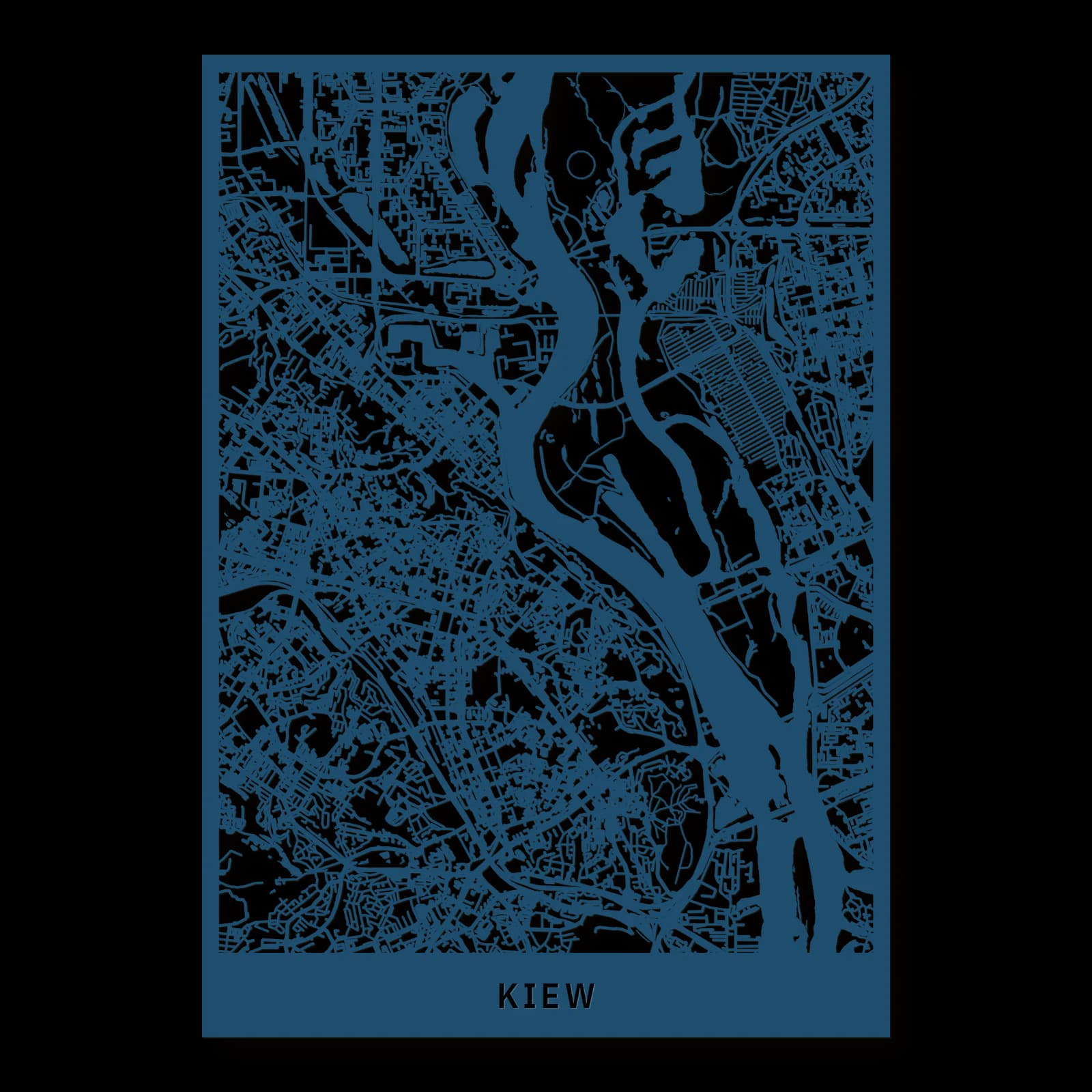 Kiew – Oberstadt, Podil und Klosterhänge, 35 × 50 cm. Rechteckiger Stadtplan aus Holz, gefertigt aus blau lackiertem MDF.