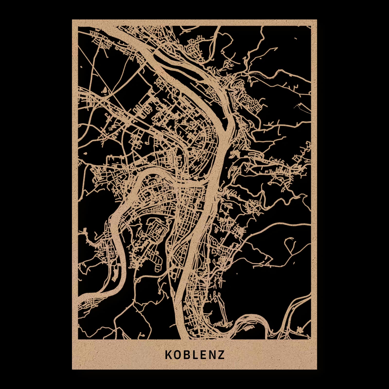 Koblenz, Stadtüberblick: hochformatiger Stadtplan aus naturfarbenem, geöltem MDF, 35 × 50 cm