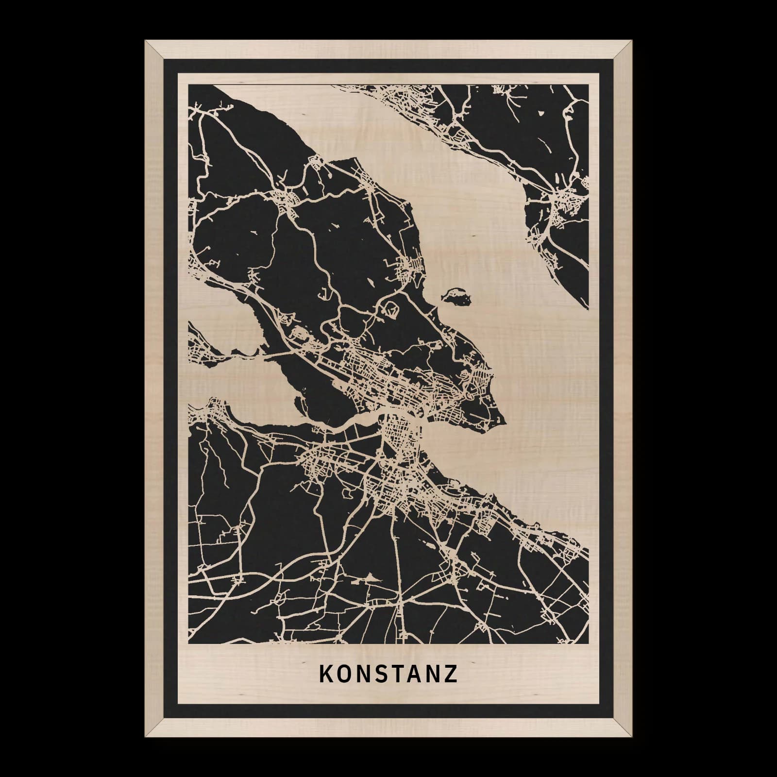 Konstanz – Stadtüberblick, 35 × 50 cm. Rechteckiger Stadtplan aus Holz, gefertigt aus geöltem Ahornholz – zwei Schichten mit schwarzer Rückenplatte und Rahmen.