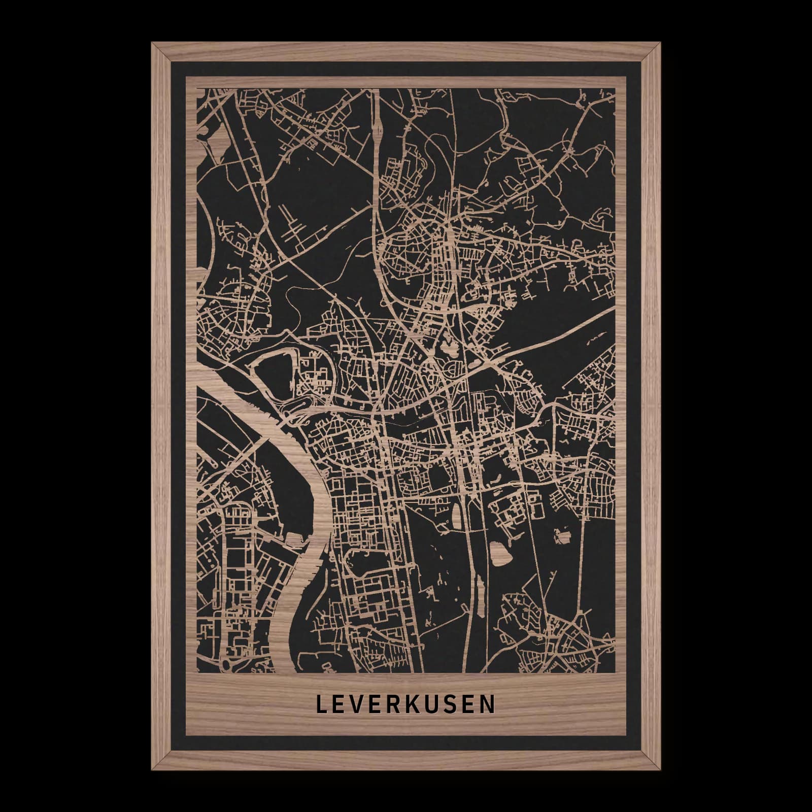 Leverkusen – Rheinufer, Opladen und Morsbroich, 35 × 50 cm. Rechteckiger Stadtplan aus Holz, gefertigt aus geöltem Nussbaumholz – zwei Schichten mit schwarzer Rückenplatte und Rahmen.
