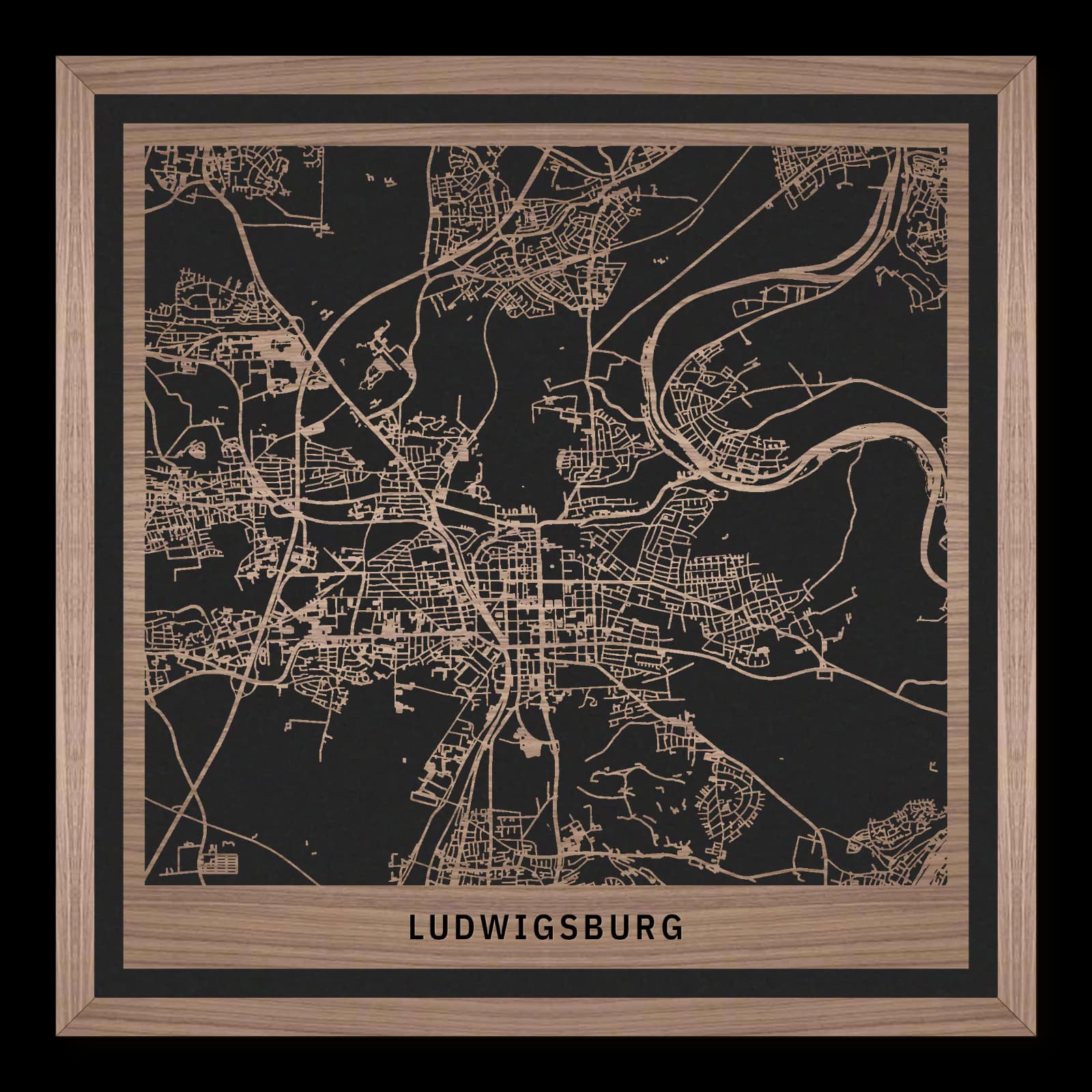 Ludwigsburg – City Overview, 35 × 35 cm. Square wooden city map made from oiled walnut – two layers with a black back plate and frame.