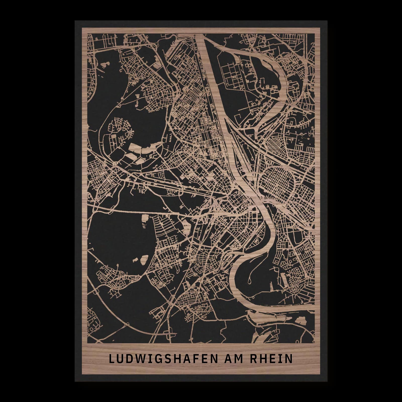 Ludwigshafen am Rhein – Rhein, Parks und westliche Quartiere, 35 × 50 cm. Rechteckiger Stadtplan aus Holz, gefertigt aus geöltem Nussbaumholz – zwei Schichten mit schwarzer Rückenplatte.