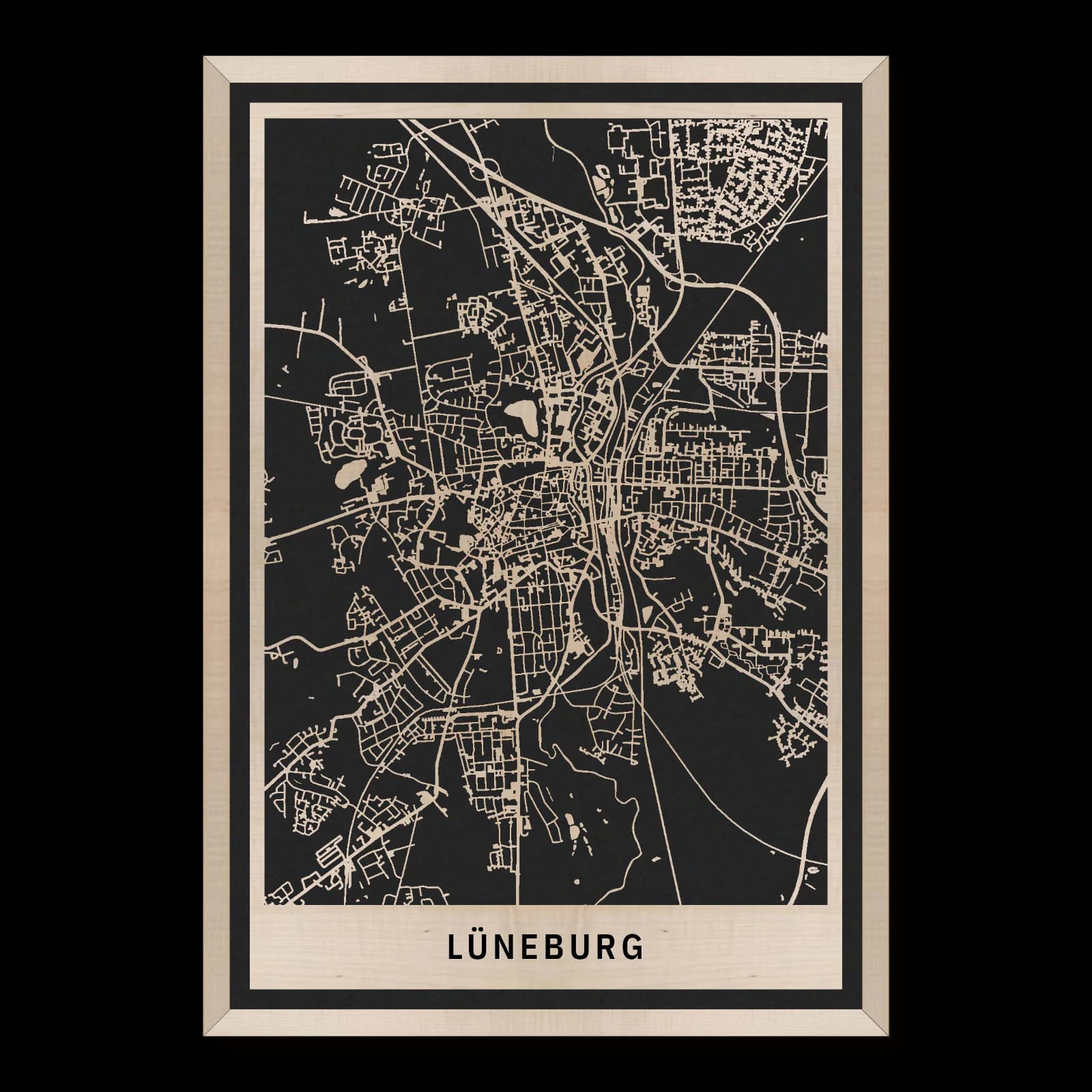 Lüneburg – Salt heritage and university city, 35 × 50 cm. Rectangular wooden city map made from oiled maple – two layers with a black back plate and frame.