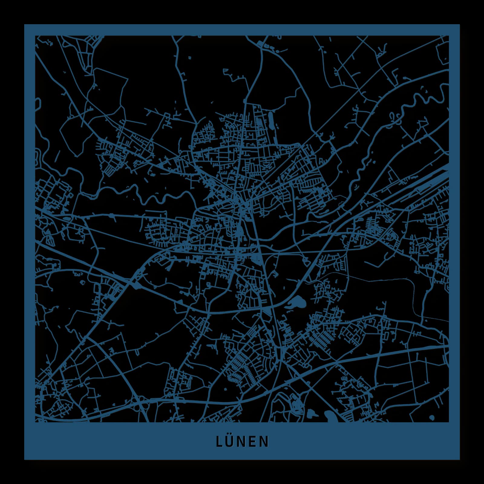 Lünen – Stadtüberblick, 35 × 35 cm. Quadratischer Stadtplan aus Holz, gefertigt aus blau lackiertem MDF.