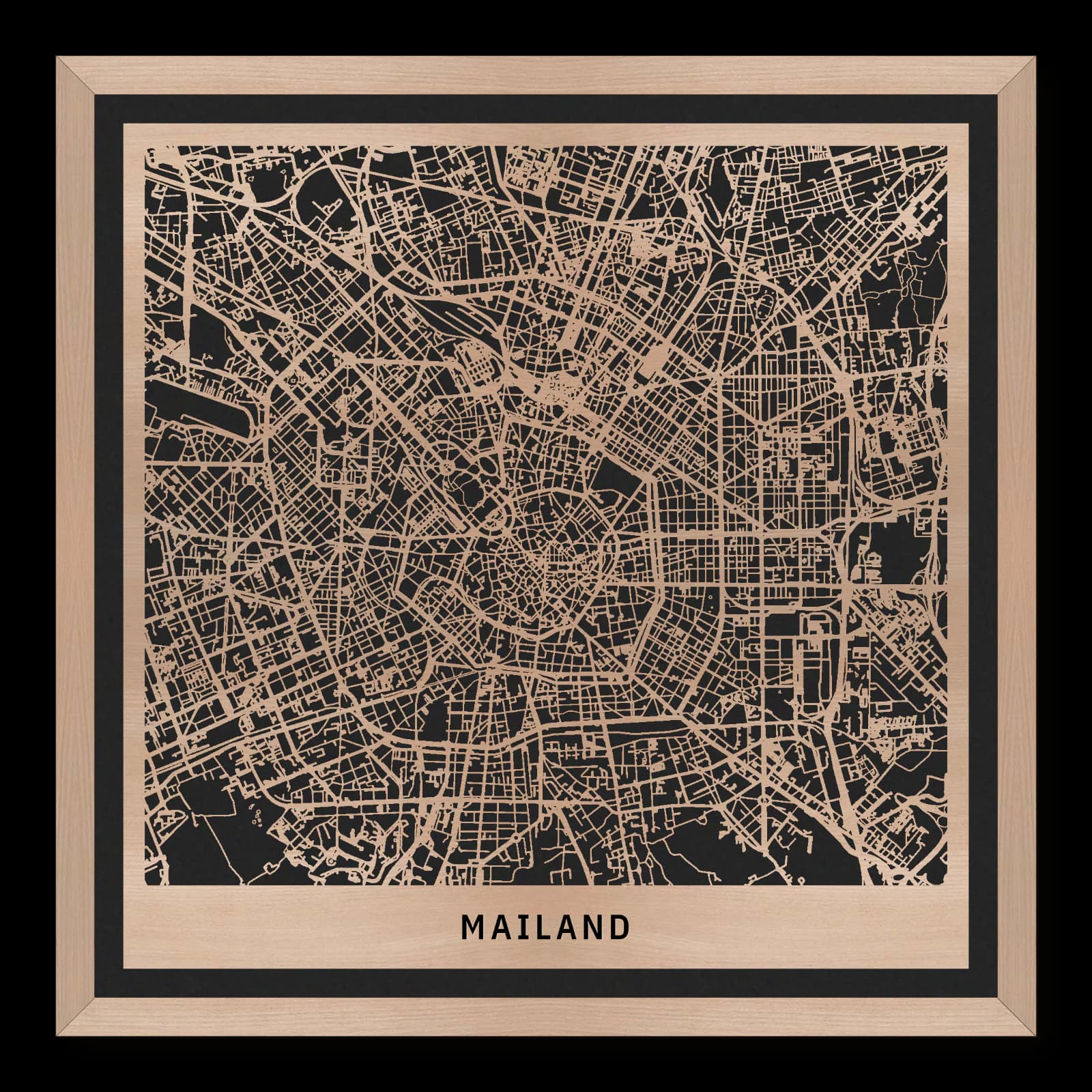 Milan – City Overview, 35 × 35 cm. Square wooden city map made from oiled beech – two layers with a black back plate and frame.