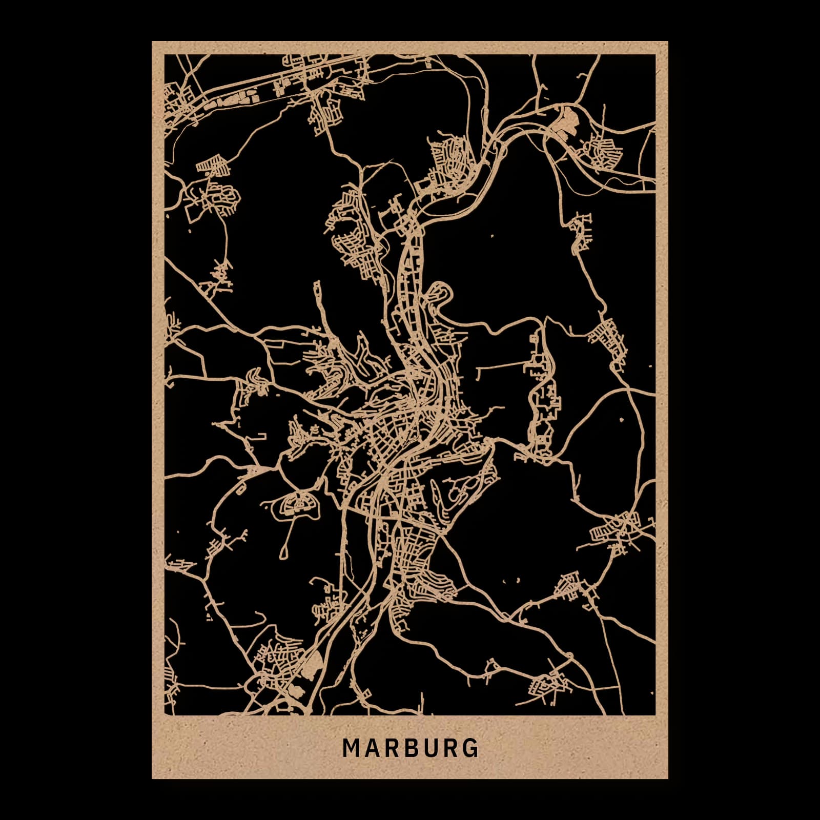 Marburg – Hangstadt und Talband, 35 × 50 cm. Rechteckiger Stadtplan aus Holz, gefertigt aus natur geöltem MDF.