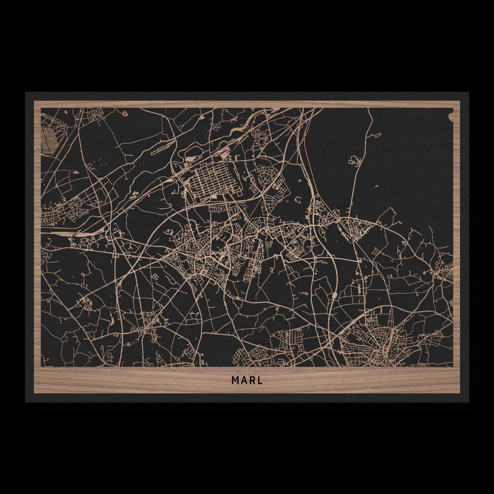 Marl – City Overview, 50 × 35 cm. Rectangular wooden city map made from oiled walnut – two layers with a black back plate.
