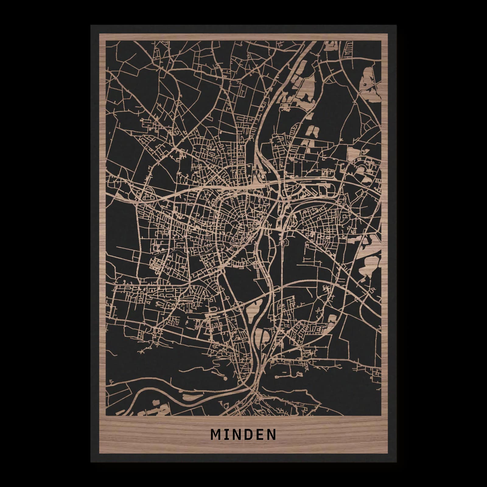 Minden – Stadtüberblick, 35 × 50 cm. Rechteckiger Stadtplan aus Holz, gefertigt aus geöltem Nussbaumholz – zwei Schichten mit schwarzer Rückenplatte.